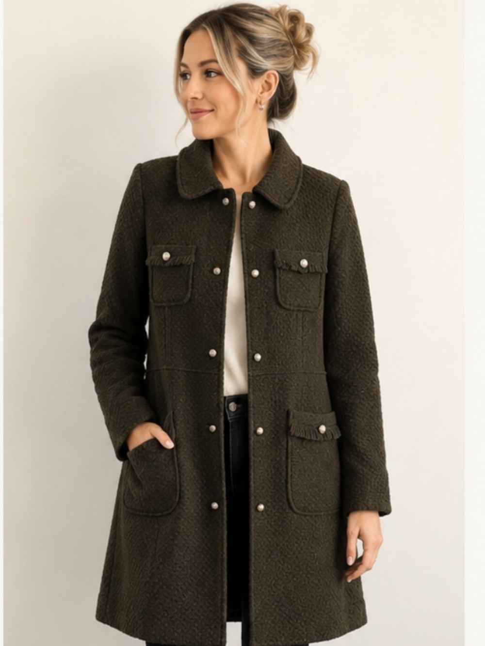 Forever 21 Dark Brown waffle knit Trench Coat with fringe on pockets
